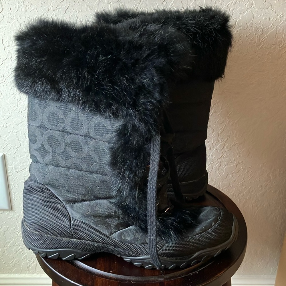 Coach: Black Jennie (Q522) Rabbit Fur Trim Jacquard Winter/Snow Boots- 8.5